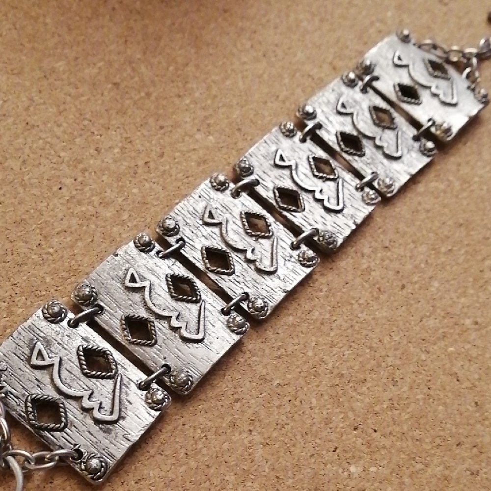 Unisex Silver Tone Ottoman Style Tribal Vintage Panel Bracelet 8" Long